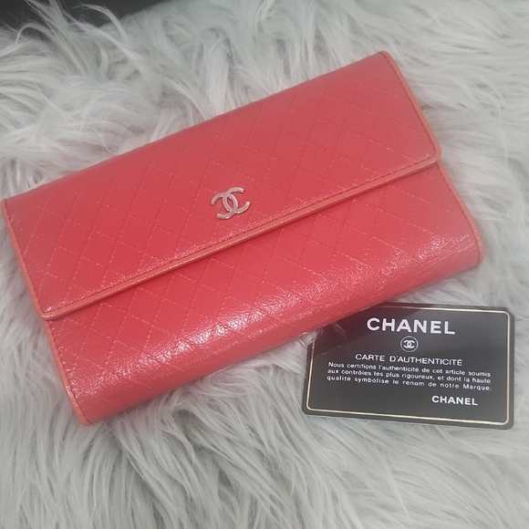 CHANEL Handbags - CHANEL Quilted Coral Leather Wallet with Silver CC
